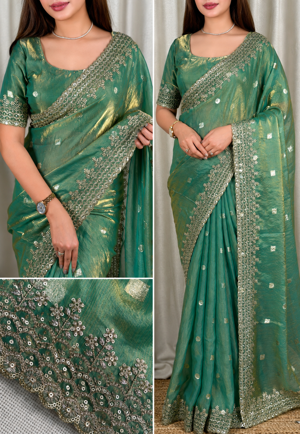 Green Semi Tissue Satin Silk Saree with Designer Embroidered Lace Border