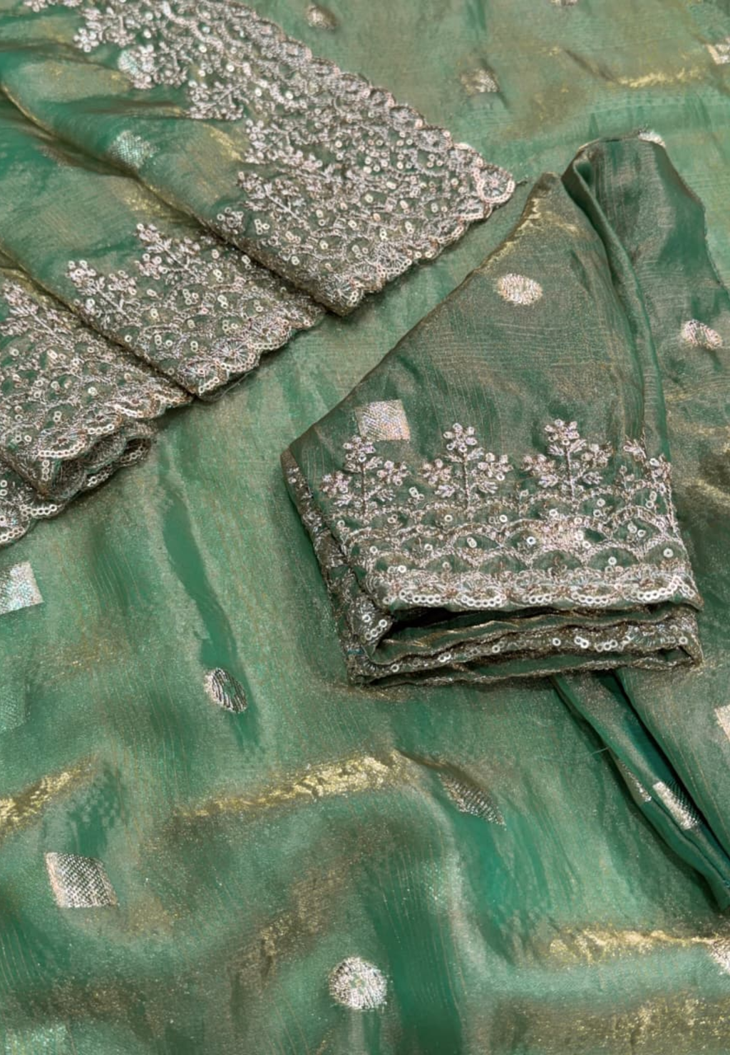 Green Semi Tissue Satin Silk Saree with Designer Embroidered Lace Border