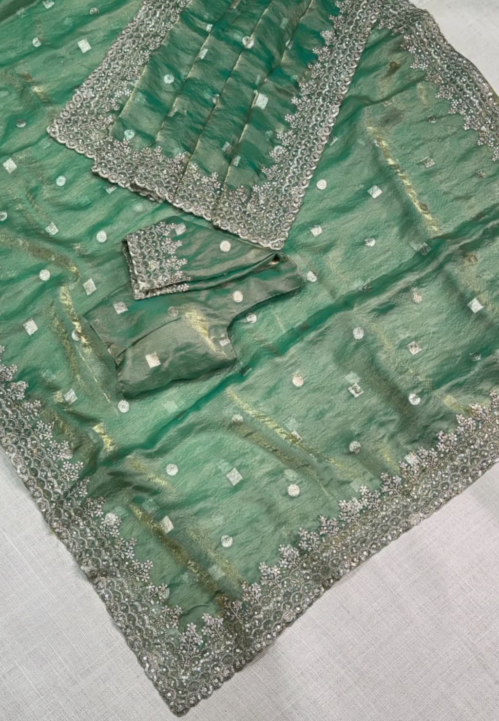 Green Semi Tissue Satin Silk Saree with Designer Embroidered Lace Border