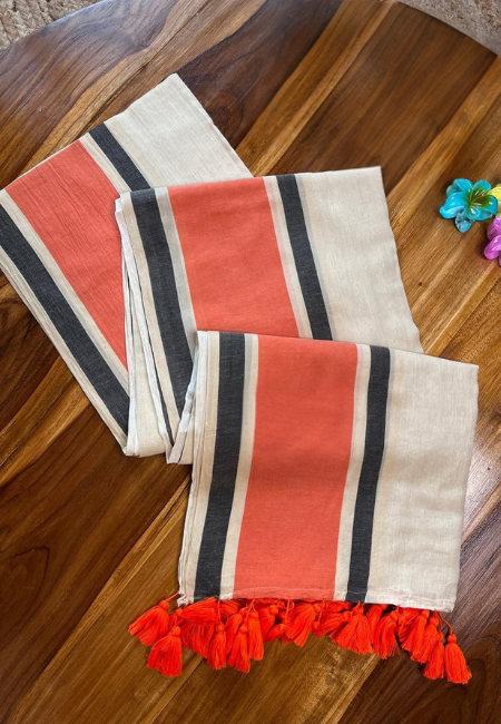 Soft Cotton Mull Saree – Cream & Rust (No Blouse Piece)