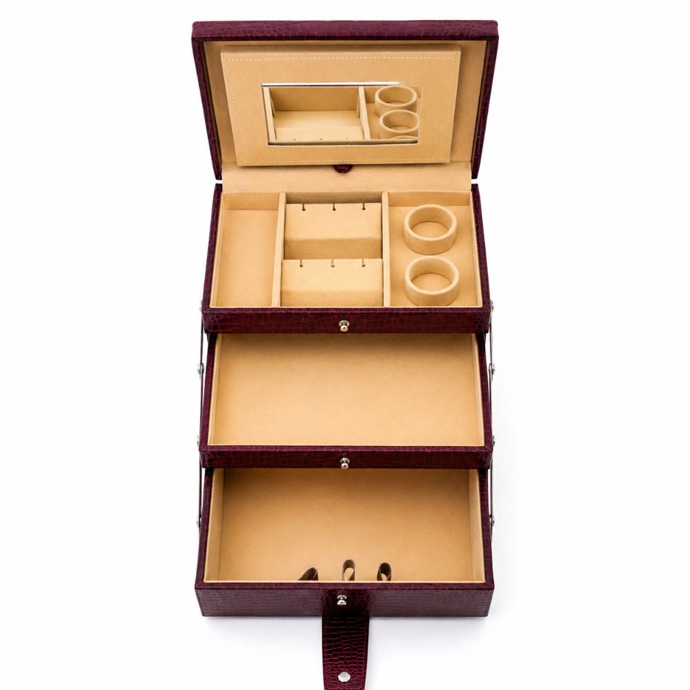 Luxury Cherry Red Crocodile Texture Leather Jewellery Box with Mirror, Multi-Layer Jewellery Storage Organizer for Rings, Earrings, Necklaces, Bracelets, Bangles & Watches (25.91 × 18.29 × 18.54 cm)