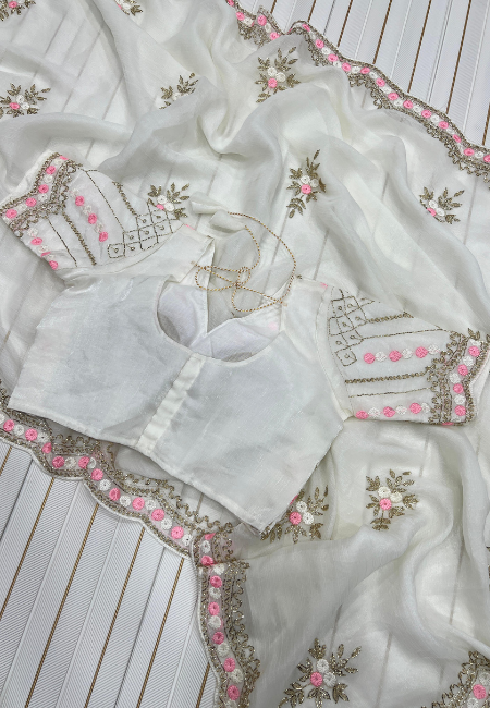 White Fandy Chiffon Saree with Pink & Golden Embroidery