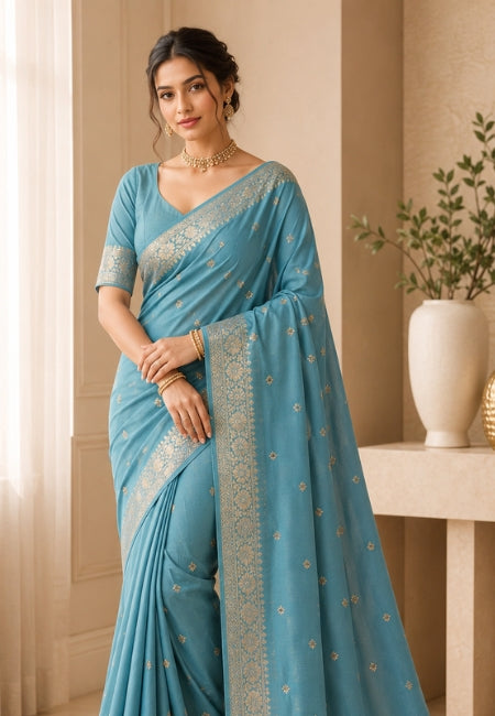 Sky Blue Chiffon Party Wear Saree with Silver Jacquard Border & Delicate Bead Work