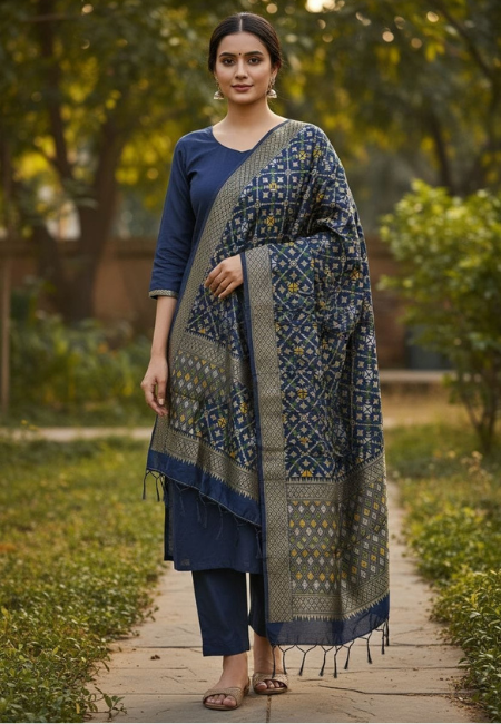 Unstitched Banarasi Soft Katan Silk Plain Suit in Navy Blue with Heavy Jaal Weaving Dupatta