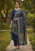 Unstitched Banarasi Soft Katan Silk Plain Suit in Navy Blue with Heavy Jaal Weaving Dupatta