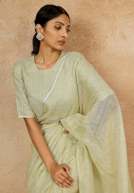 Pastel Sage Green Pure Linen Saree