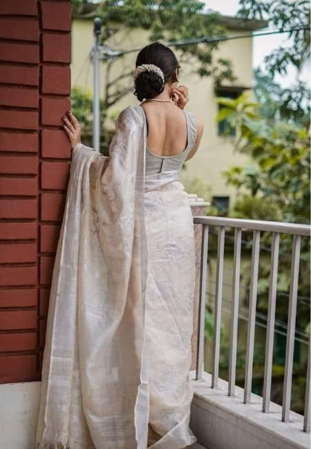 Off-White Pure Linen Saree with Silver Zari Accents