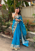 Elegant Turquoise Blue Tissue Silk Woven Kaat Band Work Saree with Premium Lace