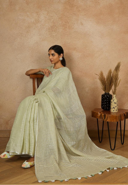 Pastel Sage Green Pure Linen Saree