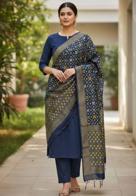 Unstitched Banarasi Soft Katan Silk Plain Suit in Navy Blue with Heavy Jaal Weaving Dupatta