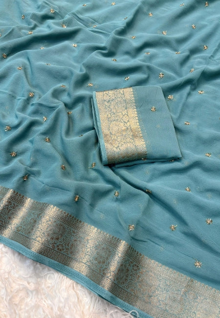 Sky Blue Chiffon Party Wear Saree with Silver Jacquard Border & Delicate Bead Work