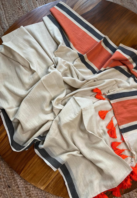 Soft Cotton Mull Saree – Cream & Rust (No Blouse Piece)