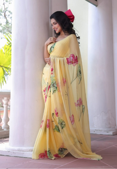 Yellow Georgette Floral Saree with Khatli Handwork Border