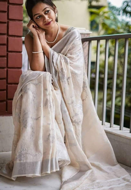 Off-White Pure Linen Saree with Silver Zari Accents