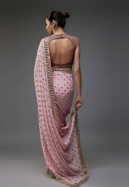 Premium Pink Faux Georgette Saree with Mirror & Sequence Work