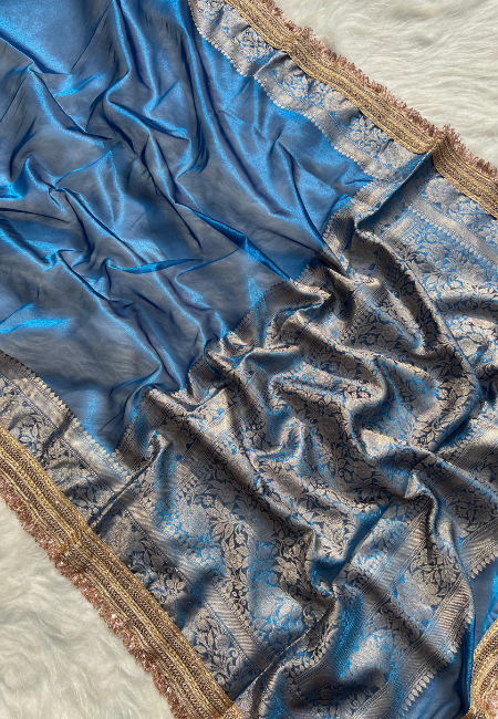 Elegant Turquoise Blue Tissue Silk Woven Kaat Band Work Saree with Premium Lace