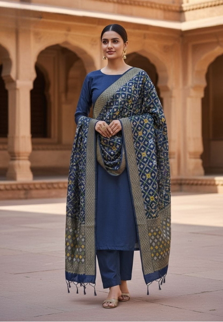 Unstitched Banarasi Soft Katan Silk Plain Suit in Navy Blue with Heavy Jaal Weaving Dupatta