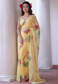Yellow Georgette Floral Saree with Khatli Handwork Border