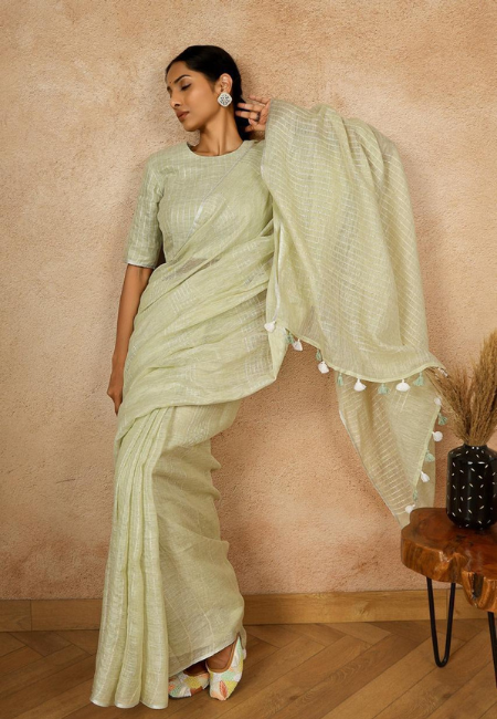 Pastel Sage Green Pure Linen Saree
