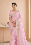 Baby Pink Chiffon Party Wear Saree with Silver Jacquard Border & Delicate Bead Work
