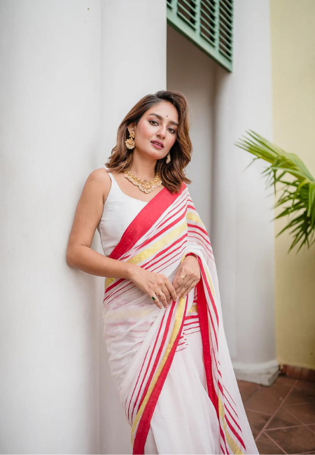Soft Mul Cotton Saree – White with Red & Yellow Borders (No Blouse Piece)