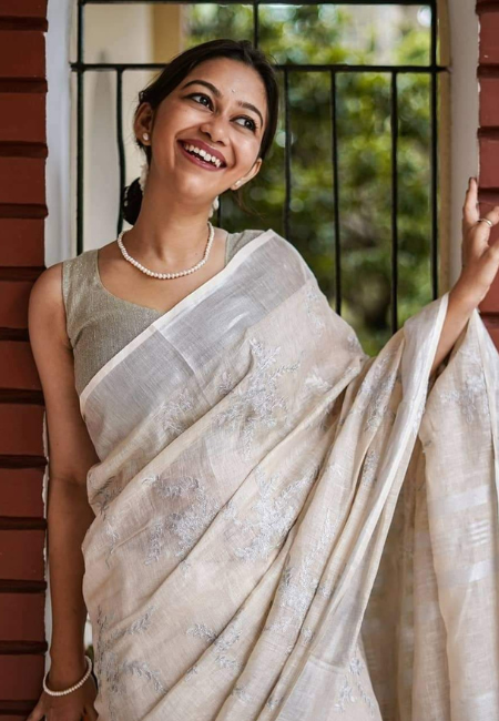 Off-White Pure Linen Saree with Silver Zari Accents