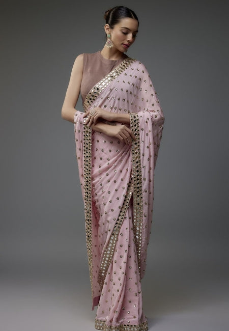 Premium Pink Faux Georgette Saree with Mirror & Sequence Work