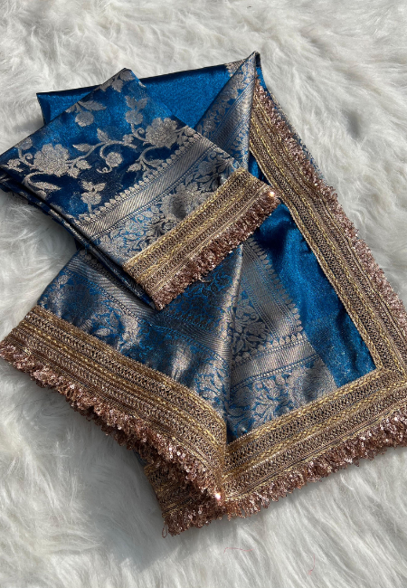 Elegant Turquoise Blue Tissue Silk Woven Kaat Band Work Saree with Premium Lace