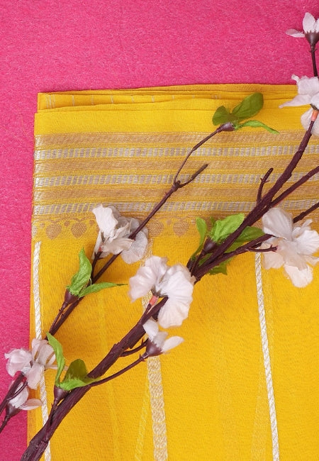 Golden Glow Pure Kora Silk Saree in Yellow with Rich Border & Pallu
