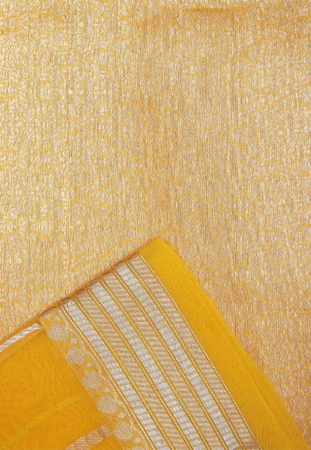 Golden Glow Pure Kora Silk Saree in Yellow with Rich Border & Pallu
