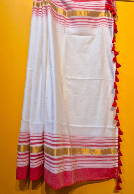 Soft Mul Cotton Saree – White with Red & Yellow Borders (No Blouse Piece)