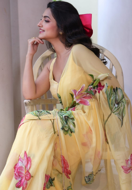 Yellow Georgette Floral Saree with Khatli Handwork Border