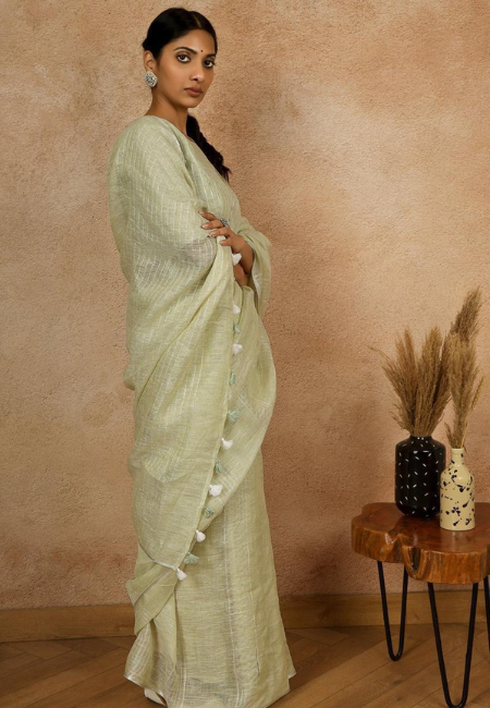 Pastel Sage Green Pure Linen Saree