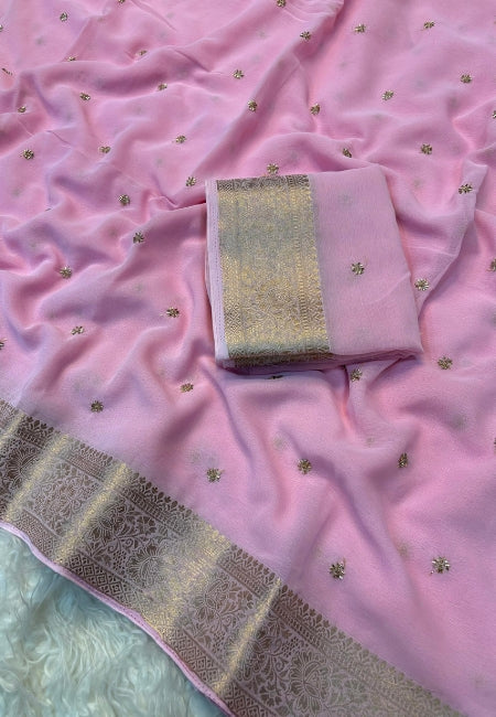 Baby Pink Chiffon Party Wear Saree with Silver Jacquard Border & Delicate Bead Work
