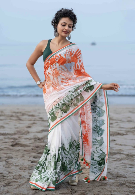 Tricolor Handprint Linen Saree – Independence Day Edition
