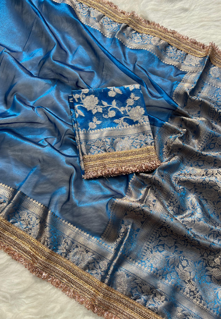 Elegant Turquoise Blue Tissue Silk Woven Kaat Band Work Saree with Premium Lace