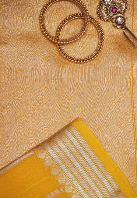 Golden Glow Pure Kora Silk Saree in Yellow with Rich Border & Pallu
