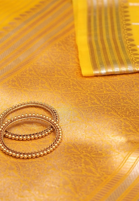 Golden Glow Pure Kora Silk Saree in Yellow with Rich Border & Pallu