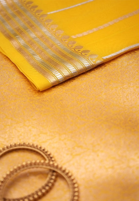 Golden Glow Pure Kora Silk Saree in Yellow with Rich Border & Pallu