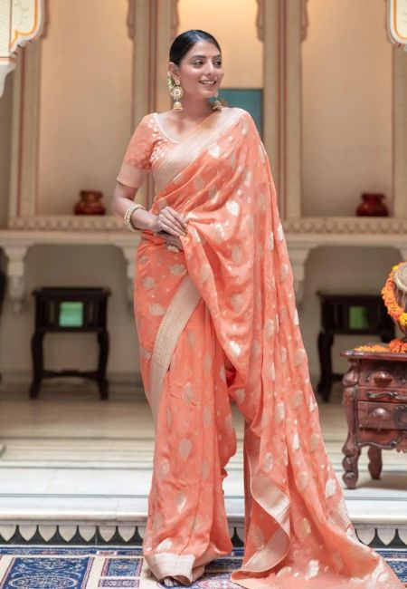 Graceful Peach Semi-Georgette Silk Water Zari Saree – Soft & Lightweight Drape