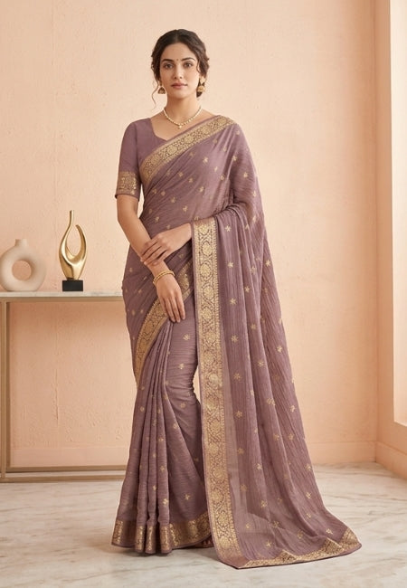 Coffee Brown Chiffon Party Wear Saree with Gold Jacquard Border & Delicate Bead Work