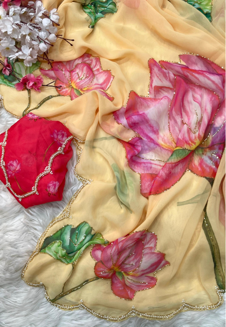 Yellow Georgette Floral Saree with Khatli Handwork Border