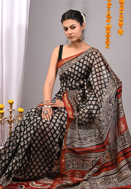 Black Maheshwari Silk Handblock Printed Saree with Natural Dyes