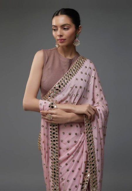 Premium Pink Faux Georgette Saree with Mirror & Sequence Work