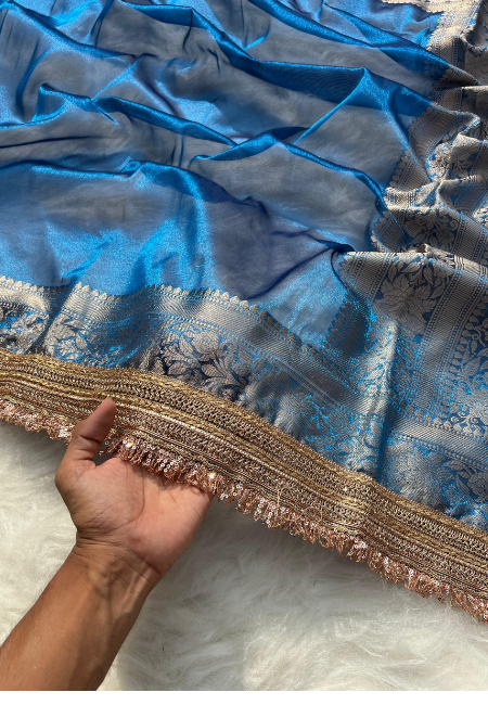 Elegant Turquoise Blue Tissue Silk Woven Kaat Band Work Saree with Premium Lace