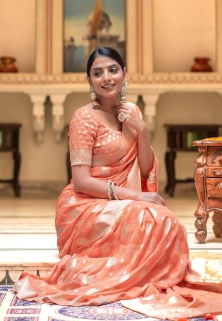 Graceful Peach Semi-Georgette Silk Water Zari Saree – Soft & Lightweight Drape