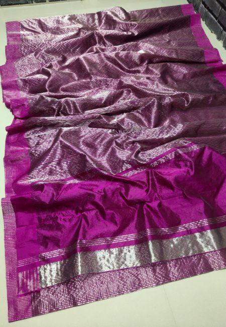Handloom Stripe Pattu Silk Chanderi Saree in Dual-Tone Wine & Silver