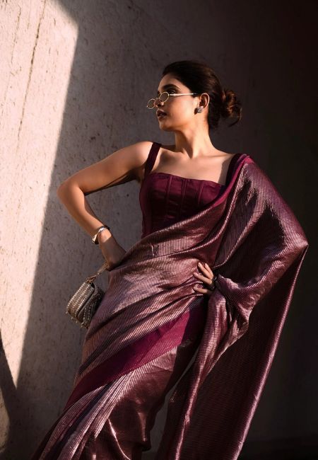 Handloom Stripe Pattu Silk Chanderi Saree in Dual-Tone Wine & Silver