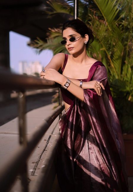 Handloom Stripe Pattu Silk Chanderi Saree in Dual-Tone Wine & Silver