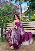 Handloom Stripe Pattu Silk Chanderi Saree in Dual-Tone Wine & Silver